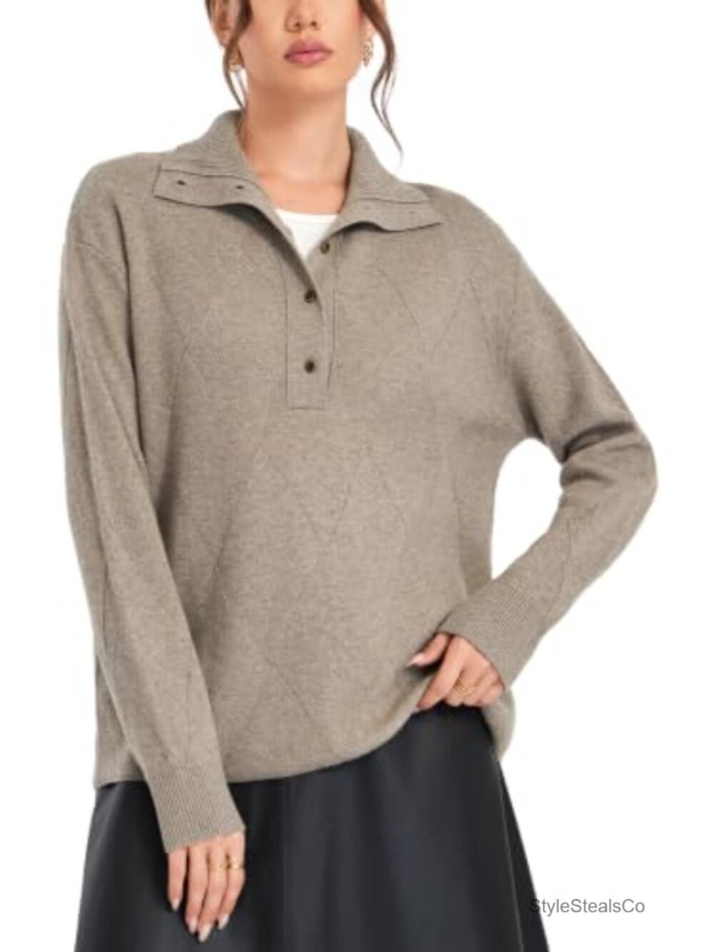 Merino Wool Argyle Polo Sweater Half Button Raglan Pullover